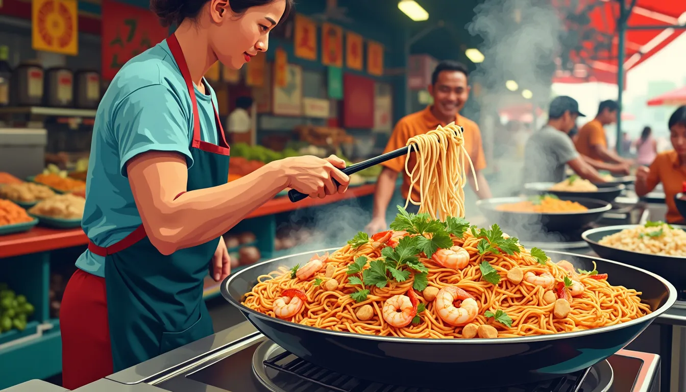 Create an image of a bustling Thai street food market scene where a skilled vendor is preparing authentic Pad Thai. The vendor is cooking in a large, sizzling wok, tossing rice noodles with a vibrant mix of shrimp, tofu, bean sprouts, peanuts, and a burst of fresh lime, garnished with cilantro and chili flakes. The background showcases colorful stalls with fresh ingredients and other traditional Thai dishes, adding to the lively, aromatic atmosphere.