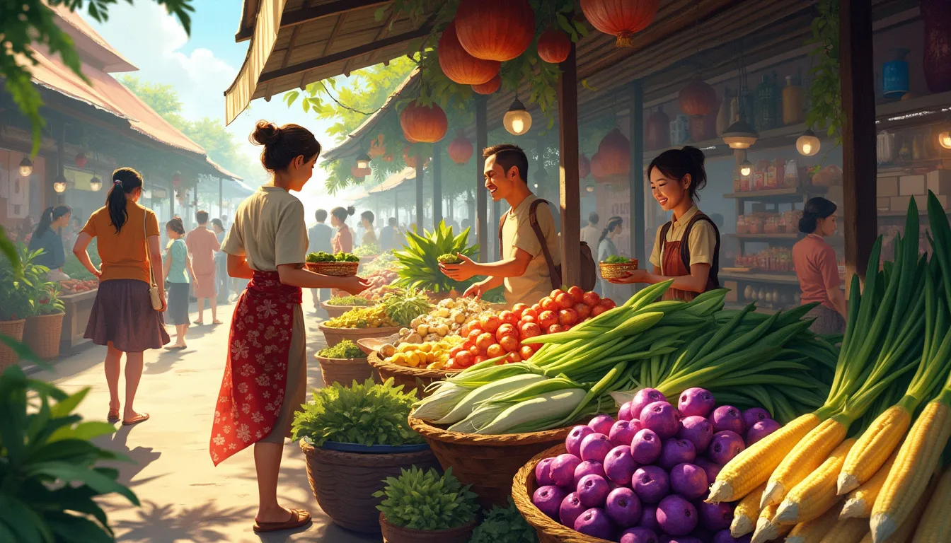 A vibrant, bustling Thai market filled with colorful vegetables like baby corn, Thai eggplants, galangal, lemongrass, and kaffir lime leaves. Vendors are s