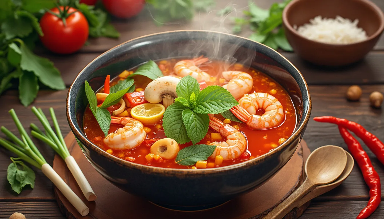A vibrant bowl of Tom Yum broth filled with an array of colorful ingredients like shrimp, mushrooms, tomatoes, lemon grass, kaffir lime leaves, and red chi