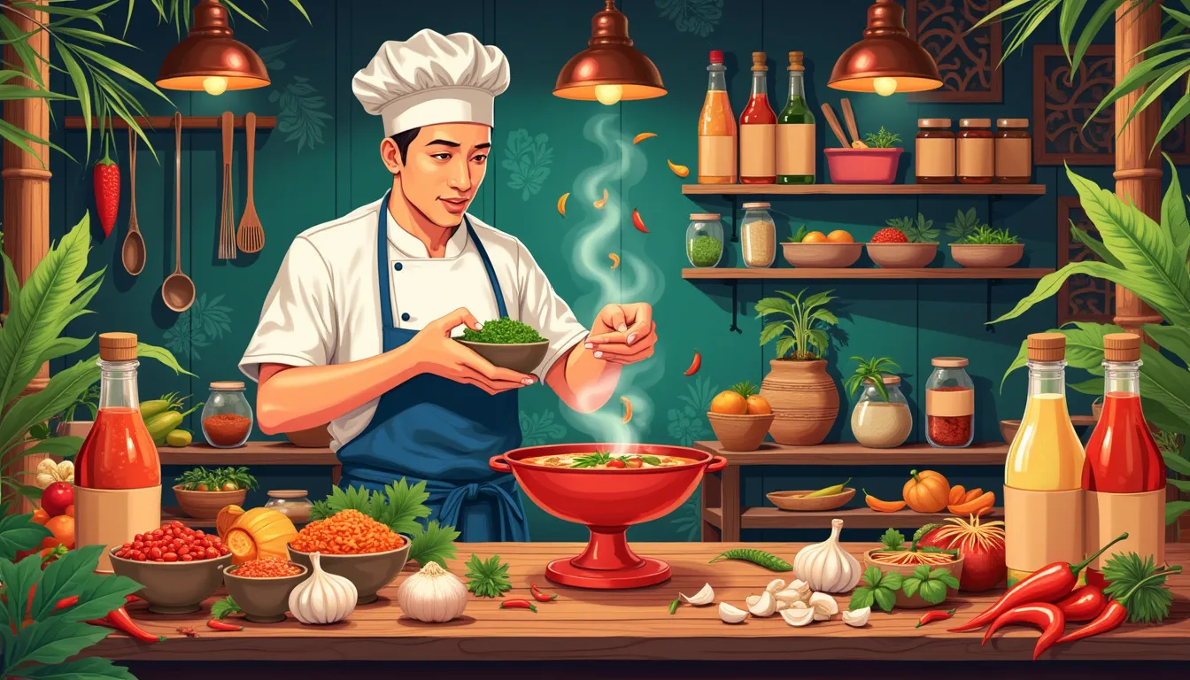 Create a vibrant and detailed image of a bustling Thai kitchen. The scene should feature an array of colorful ingredients like chili peppers, garlic, fresh herbs, and bright vegetables. In the center, a chef skillfully prepares a traditional Thai sauce, pouring it into a bowl with a sense of purpose and flair. Surrounding the chef, include various bottles and jars of different Thai sauces, each labeled with their unique names. The background should display classic Thai decor elements, such as bamboo utensils, floral patterns, and a warm, inviting atmosphere.