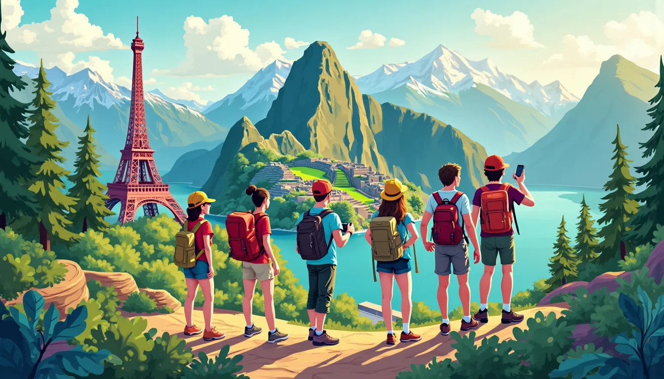 Create a vibrant and detailed digital illustration showing backpackers exploring top destinations around the world. Include iconic landmarks such as the Eiffel Tower in France, Machu Picchu in Peru, the Great Wall of China, and the picturesque fjords of Norway. Show the diverse landscapes ranging from lush forests, mountains, and tropical beaches to bustling cities. The backpackers should be multi-ethnic, interacting happily, wearing travel gear, and holding maps or cameras, highlighting the joy of exploring different cultures and natural wonders.
