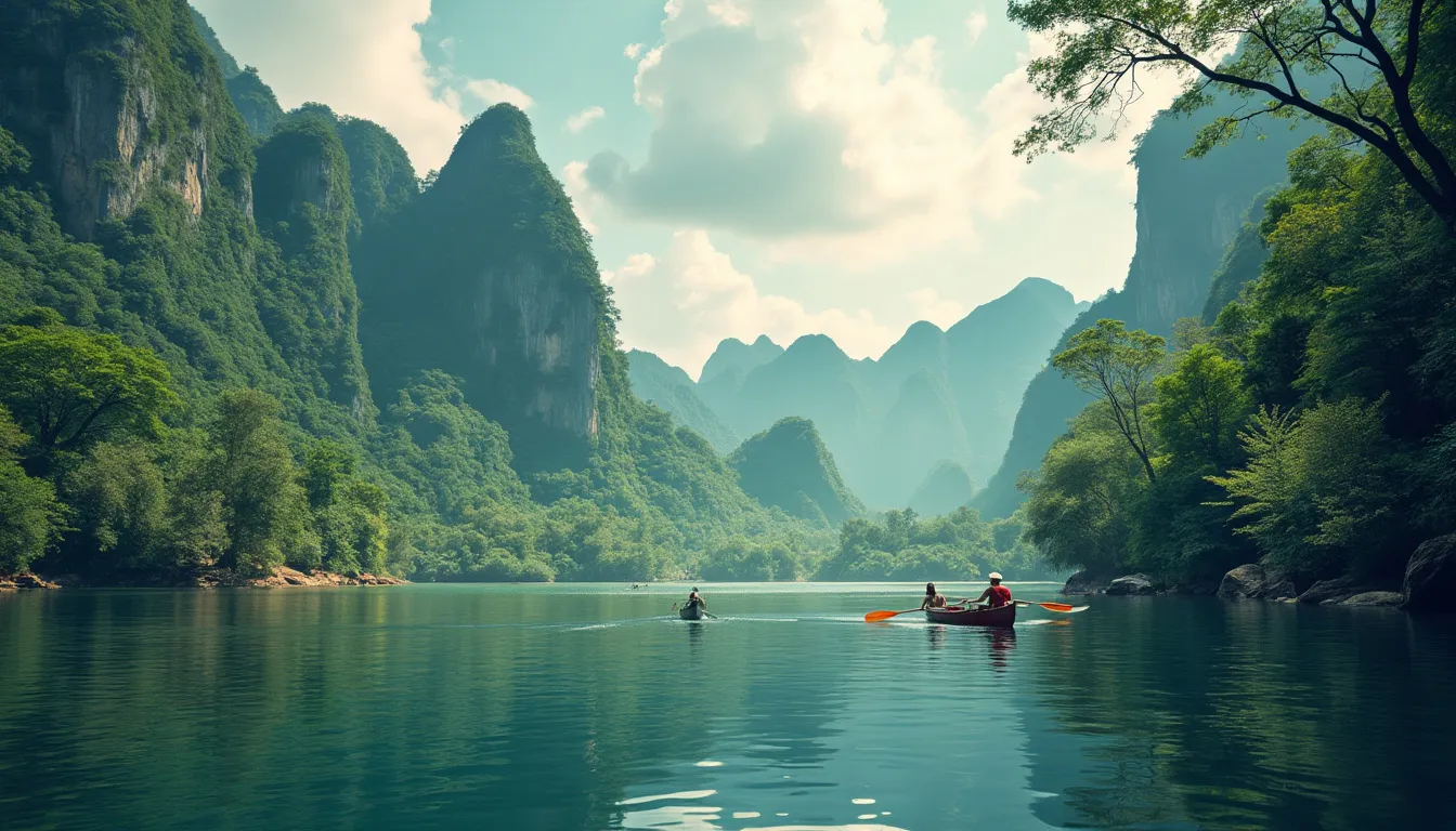 A scenic journey from bustling Bangkok to the serene and lush landscapes of Khao Sok National Park, featuring a vibrant cityscape of Bangkok with its bustl