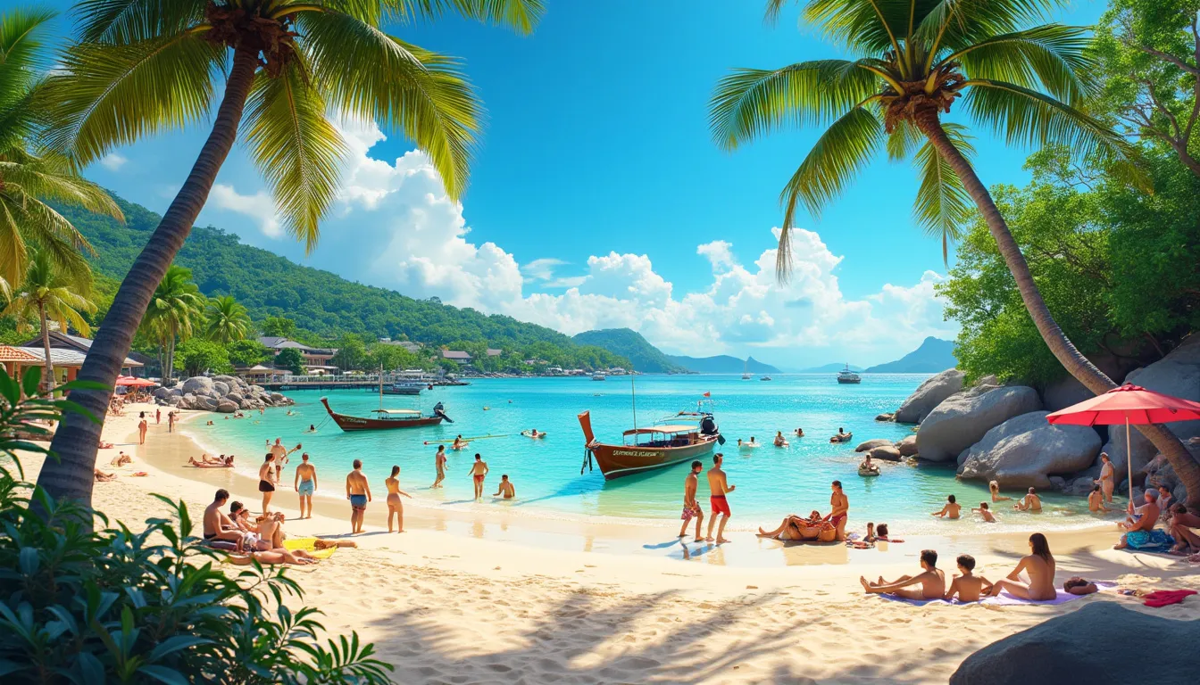 A vibrant, sun-drenched beach on Koh Samui during its peak travel season with clear blue skies, turquoise waters, and lush greenery. Visitors are lounging