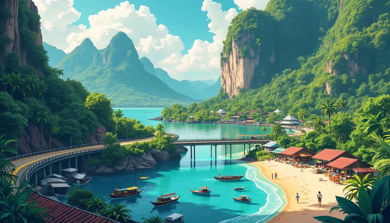 Create a vibrant scene showcasing the journey from Khao Sok National Park to Phuket. Illustrate the lush, dense jungles and towering limestone cliffs of Kh