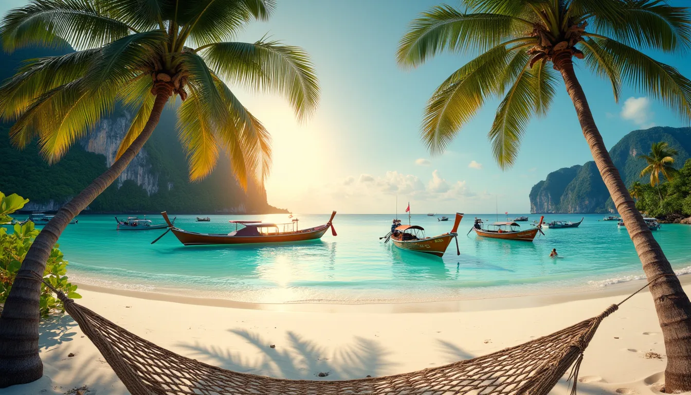 A breathtaking panoramic view of the pristine beaches of Koh Lanta, Thailand. The image showcases white sandy shores, crystal-clear turquoise waters, and l