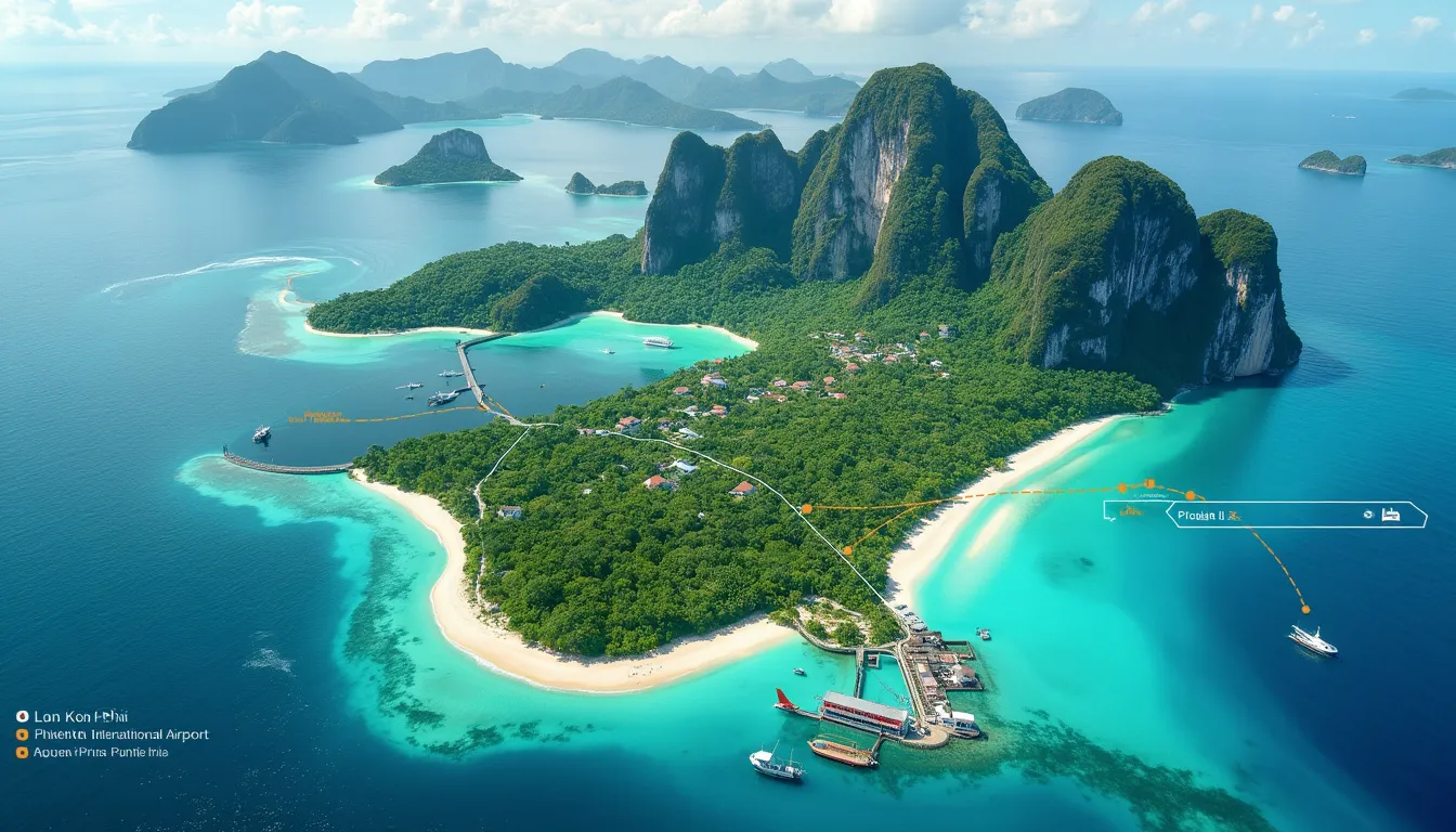 Create an image of a tropical island featuring pristine beaches and clear blue waters, with a detailed travel map showing the route from the nearest airpor