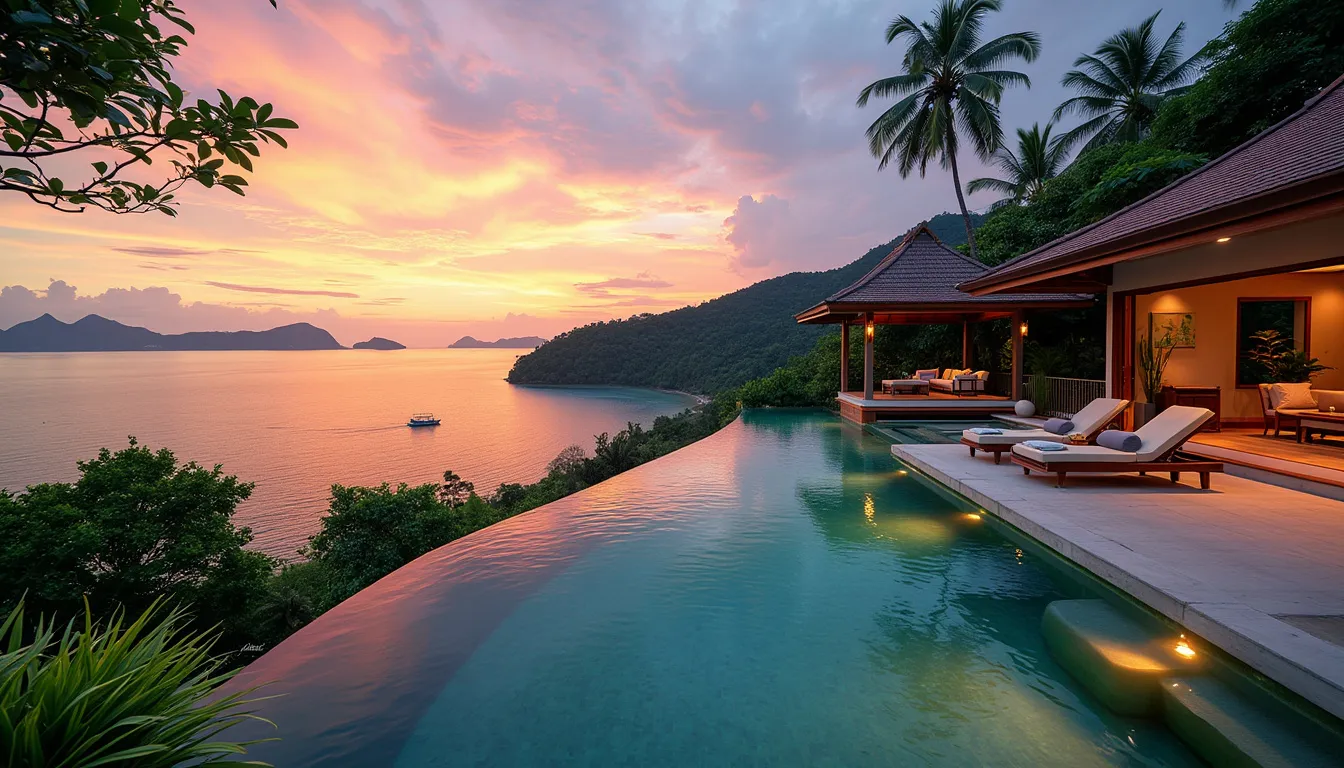 A serene and luxurious villa set amidst lush tropical gardens and overlooking clear turquoise waters of Koh Tao, Thailand. The villa features modern archit