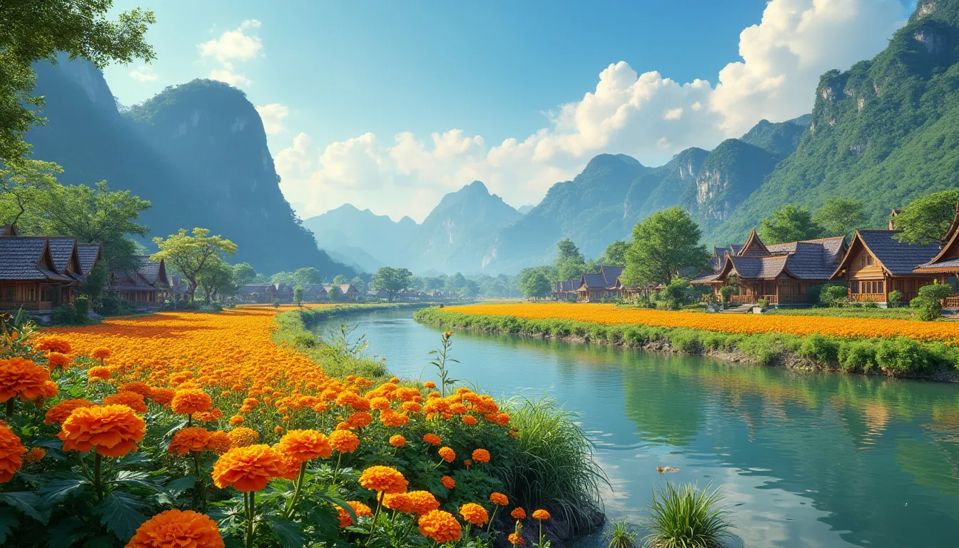 Create an image of a picturesque October landscape in Thailand featuring lush greenery, vibrant marigold fields, and a tranquil river surrounded by traditi