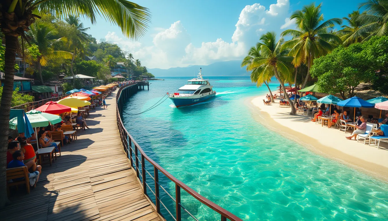 Create an image of a picturesque travel scene transitioning from Pattaya to Koh Samui. Start with the vibrant streets and beaches of Pattaya, showing color