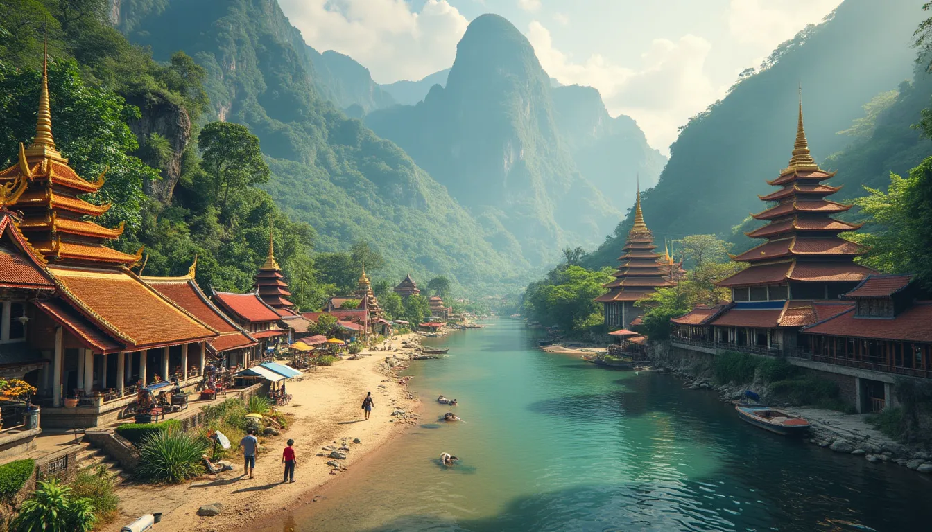Create an image depicting the journey from Thailand to Laos, highlighting the scenic landscapes, vibrant cultures, and key landmarks of both countries. Inc