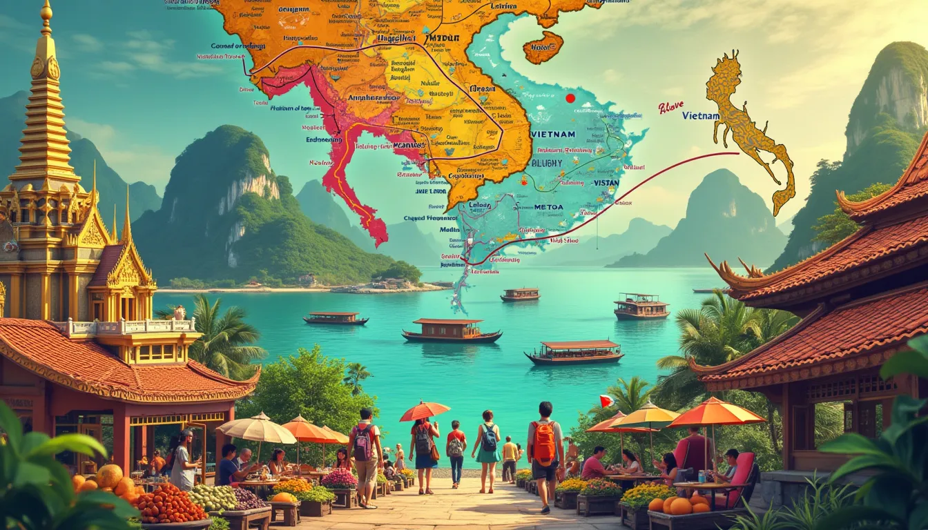 Create an image of a vibrant travel scene depicting the journey from Thailand to Vietnam. Show iconic landmarks such as Thailand's temples and floating mar