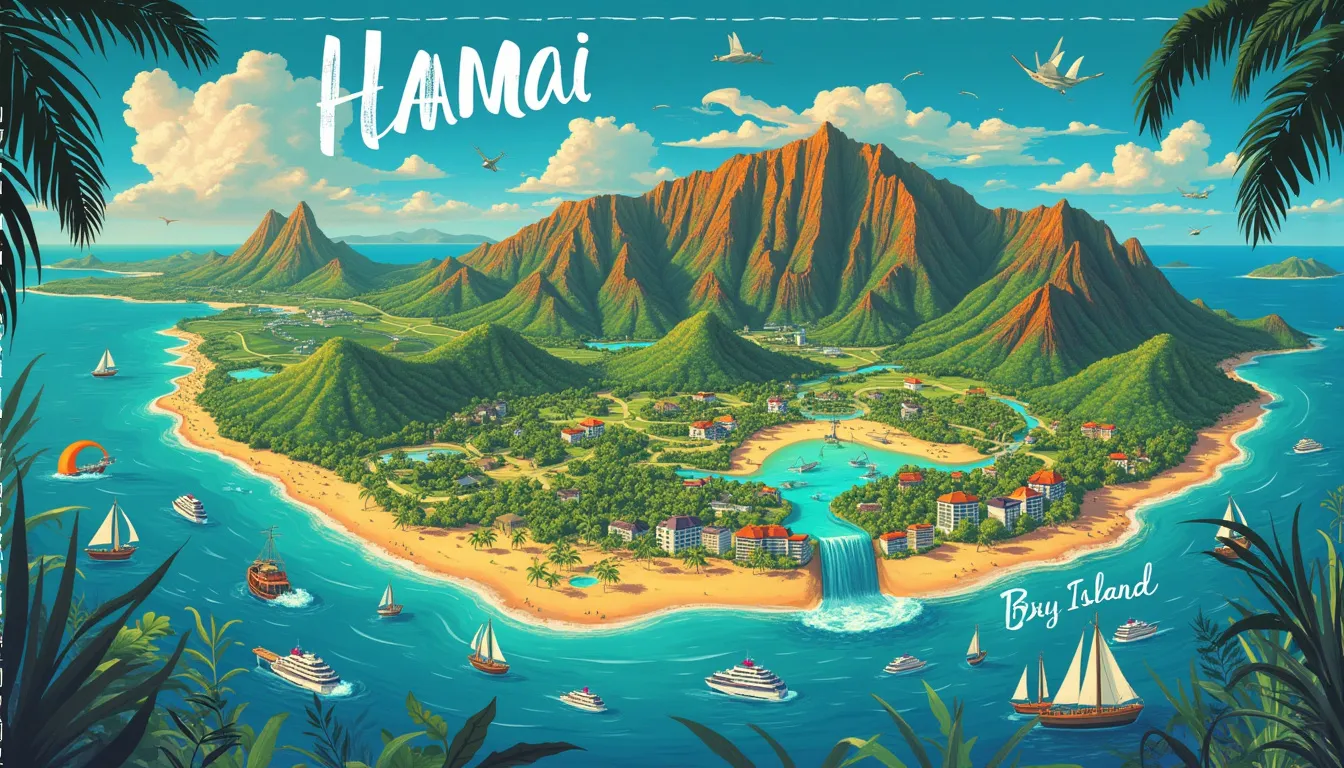 Create an image of a breathtaking itinerary map for a journey across the Big Island, Hawaii. The map should feature vibrant and lush landscapes, highlighti