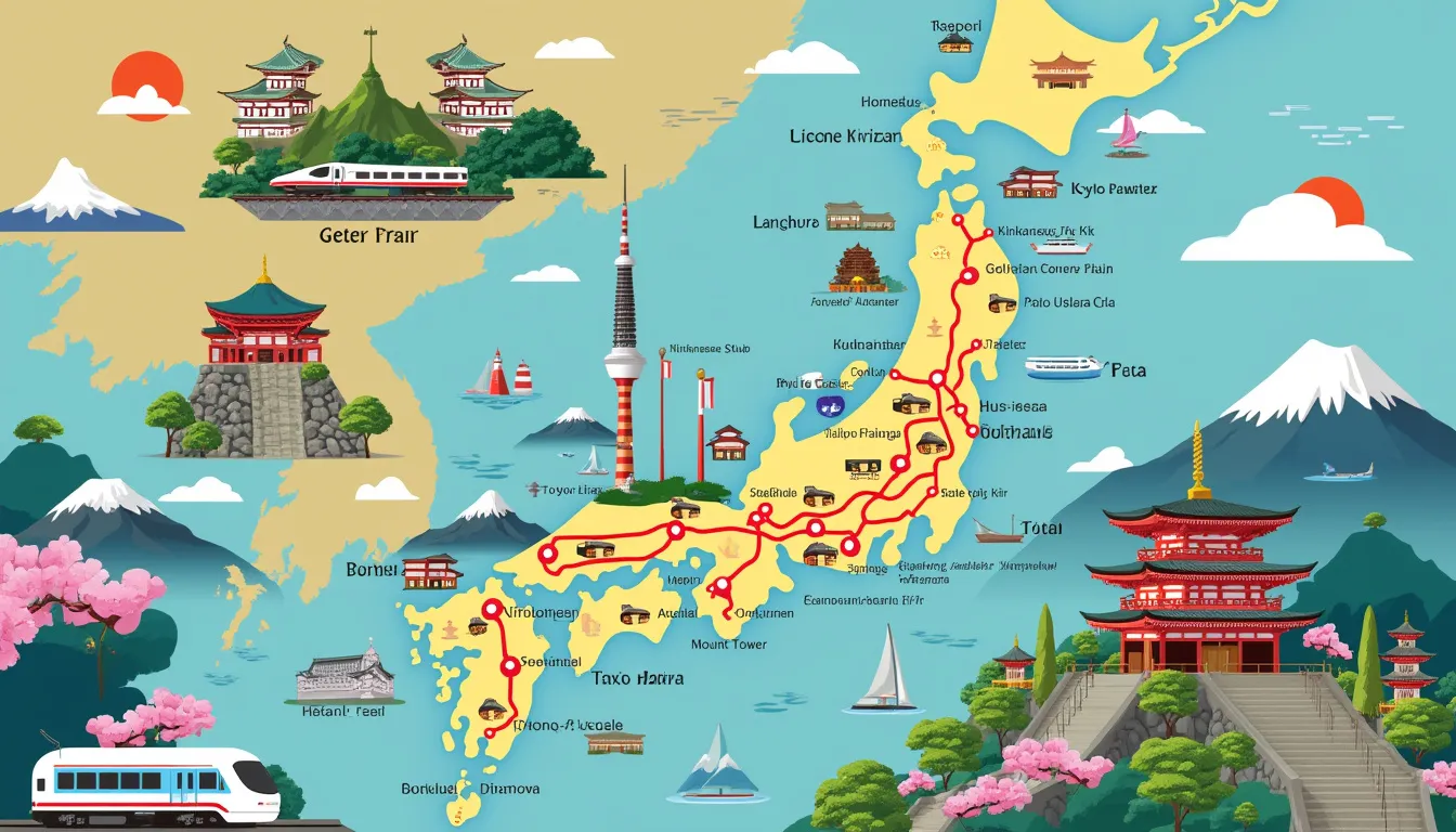 Create an image of an illustrated map of Japan highlighting a 3-week travel itinerary. The map should depict famous landmarks such as Mount Fuji, Tokyo Tow