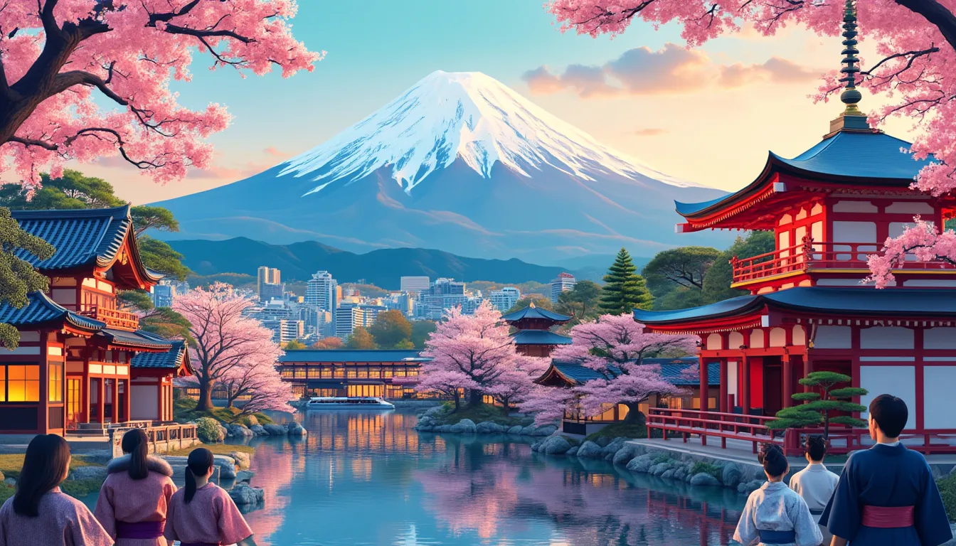 Create an image showcasing a vibrant and dynamic illustration of Japan's top attractions blended into one scene, capturing the essence of a 5-day ultimate