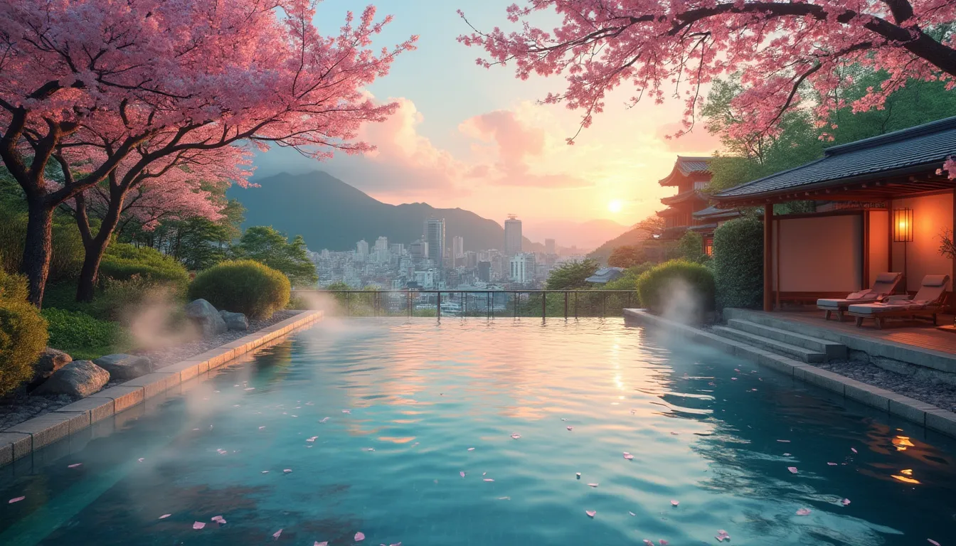 Create an image of a serene and luxurious private onsen set in the heart of Osaka, Japan. The onsen, with steaming natural hot spring waters, is surrounded